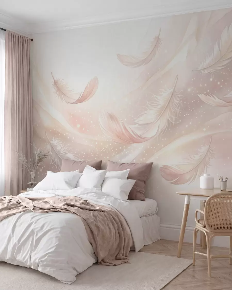 Wall Mural Photo Wallpaper Delicate airy feathers in a peach-pink haze with shimmer w10003