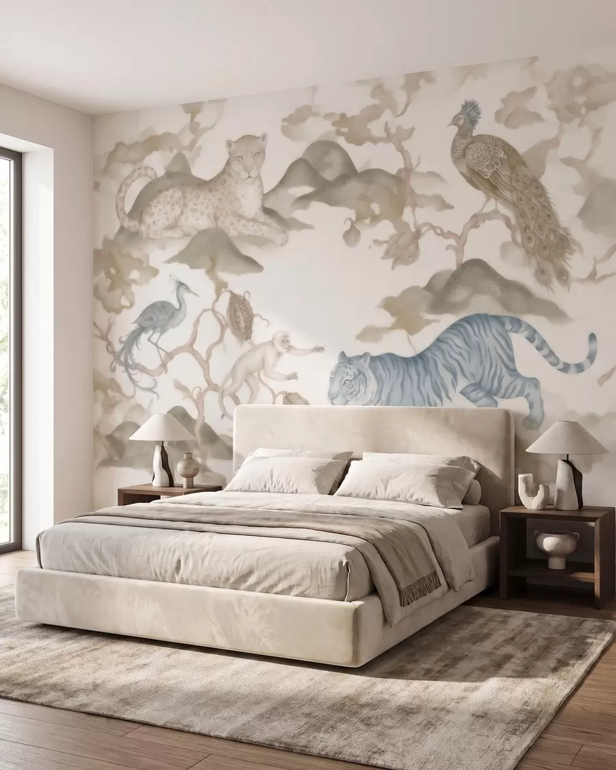 Wall Mural Photo Wallpaper Imperial garden with oriental-style animals — monkey, leopard, tiger, peacock, and heron w10011