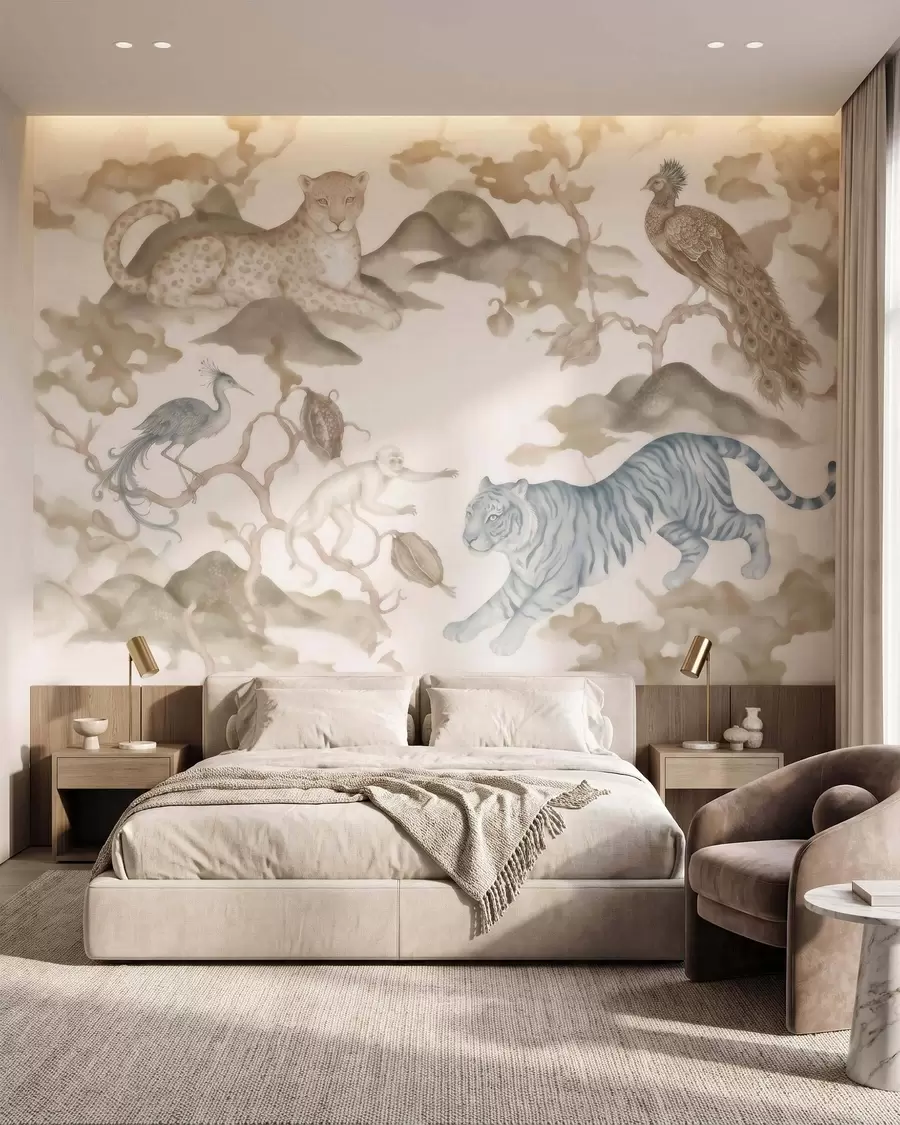 wall murals Imperial garden with oriental-style animals — monkey, leopard, tiger, peacock, and heron w10011