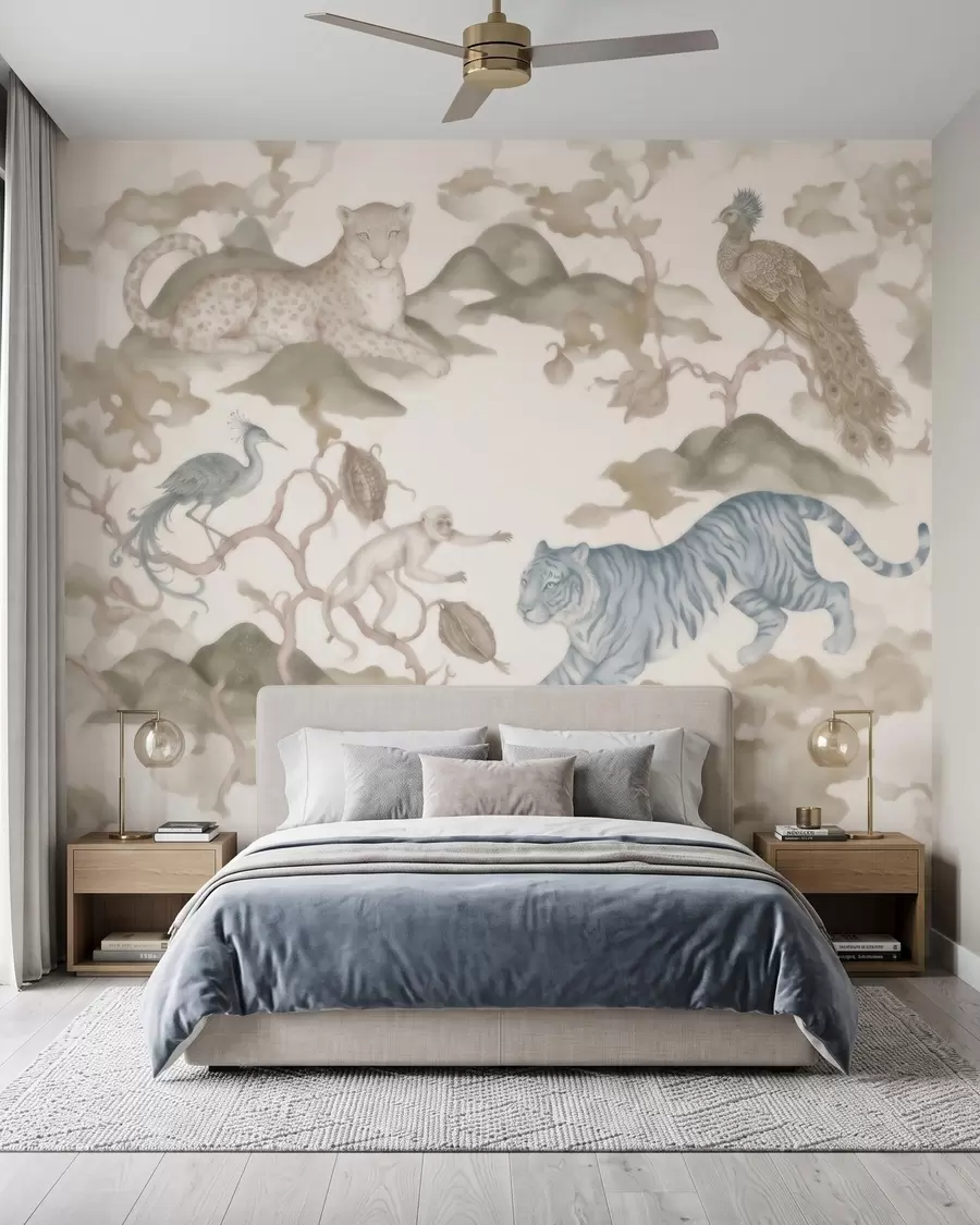 wall murals Imperial garden with oriental-style animals — monkey, leopard, tiger, peacock, and heron w10011