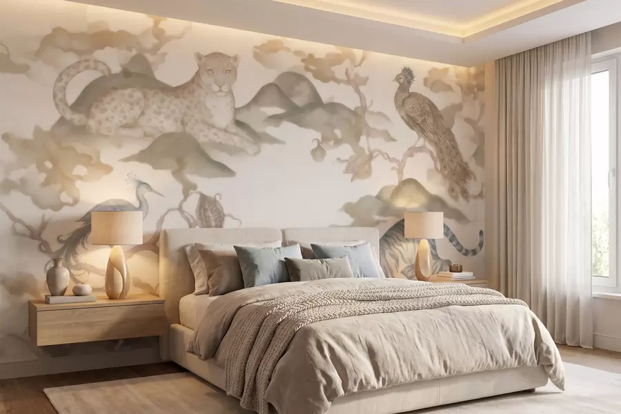 peintures murales Jardin impérial avec des animaux de style oriental : singe, léopard, tigre, paon et héron w10011