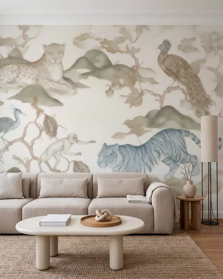 Wall Mural Photo Wallpaper Imperial garden with oriental-style animals — monkey, leopard, tiger, peacock, and heron w10011