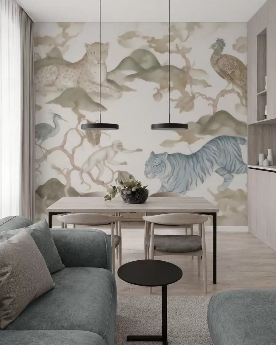 Wall Mural Photo Wallpaper Imperial garden with oriental-style animals — monkey, leopard, tiger, peacock, and heron w10011
