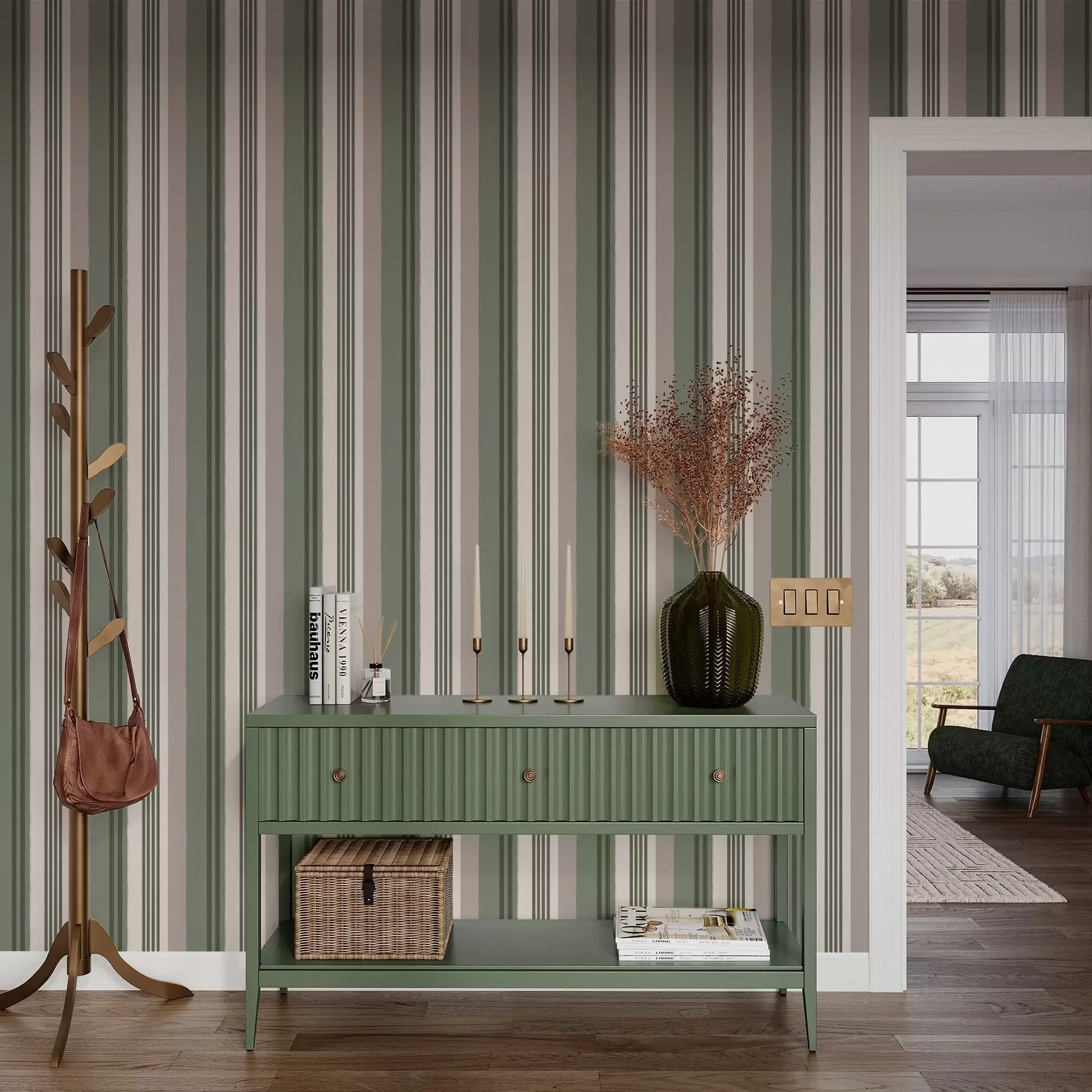 wall murals Wide Green and Cream Stripes a01248