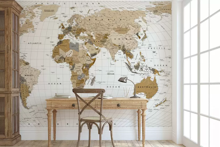 Wall Mural Photo Wallpaper A brown political map of the world with flags in English c00016en