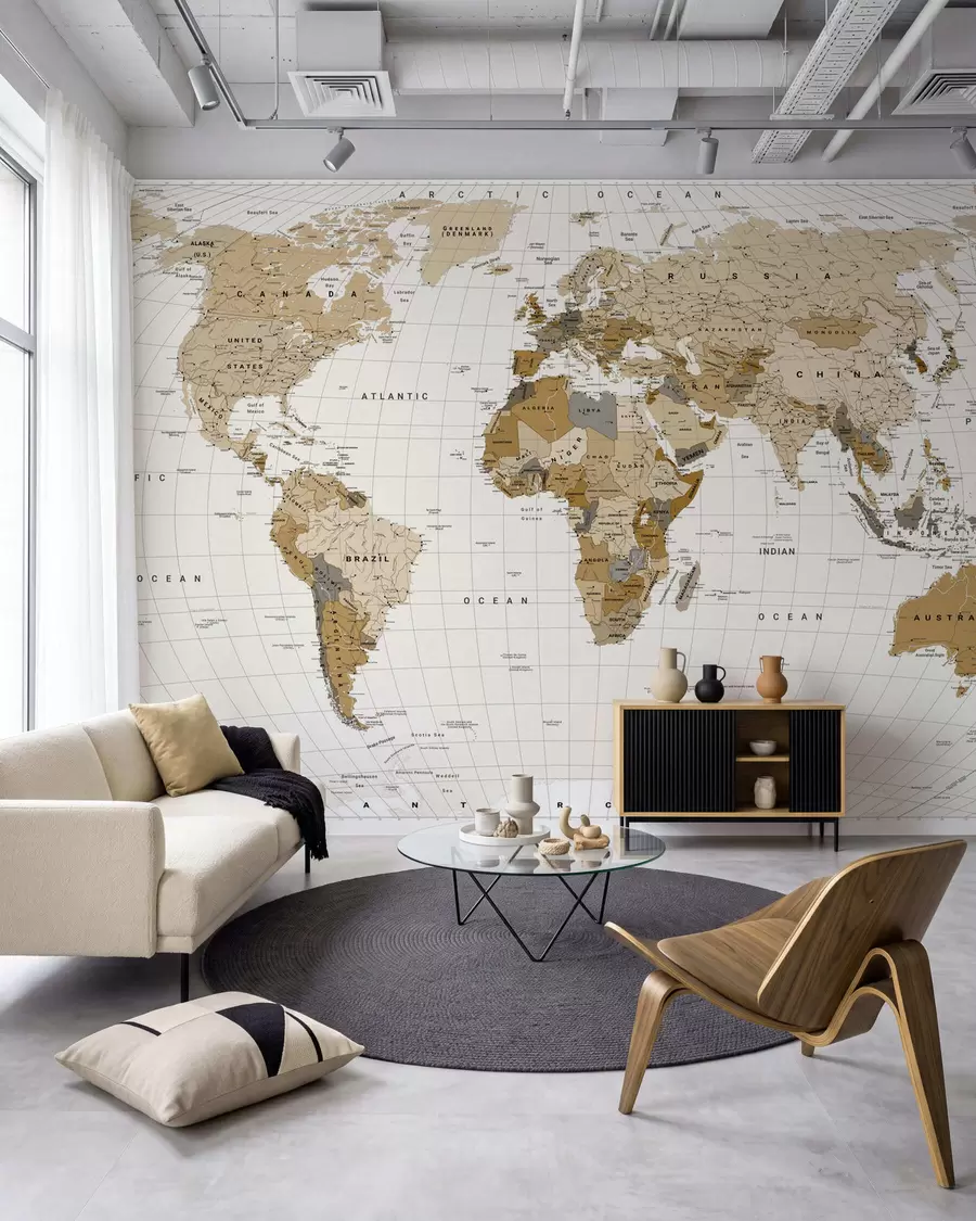 wall murals A brown political map of the world with flags in English c00016en