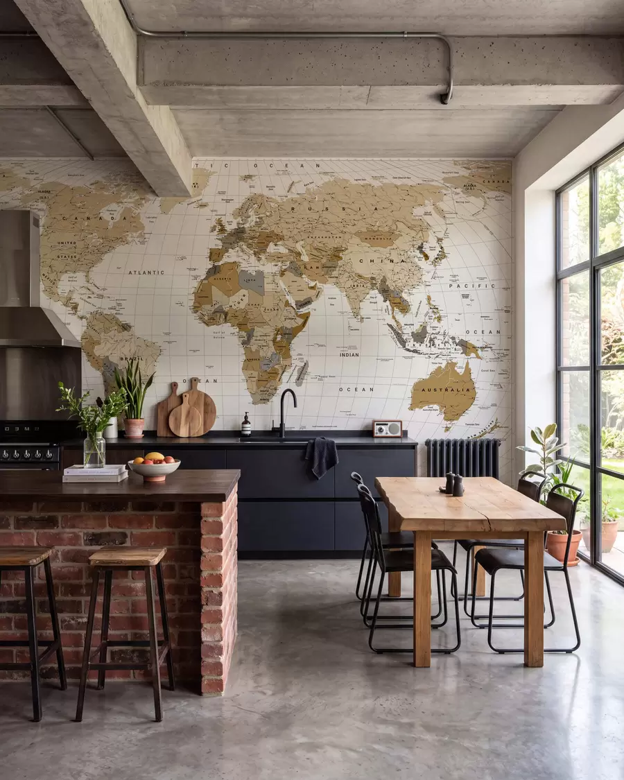 murales Un mapa político del mundo en color marrón con banderas en inglés c00016en