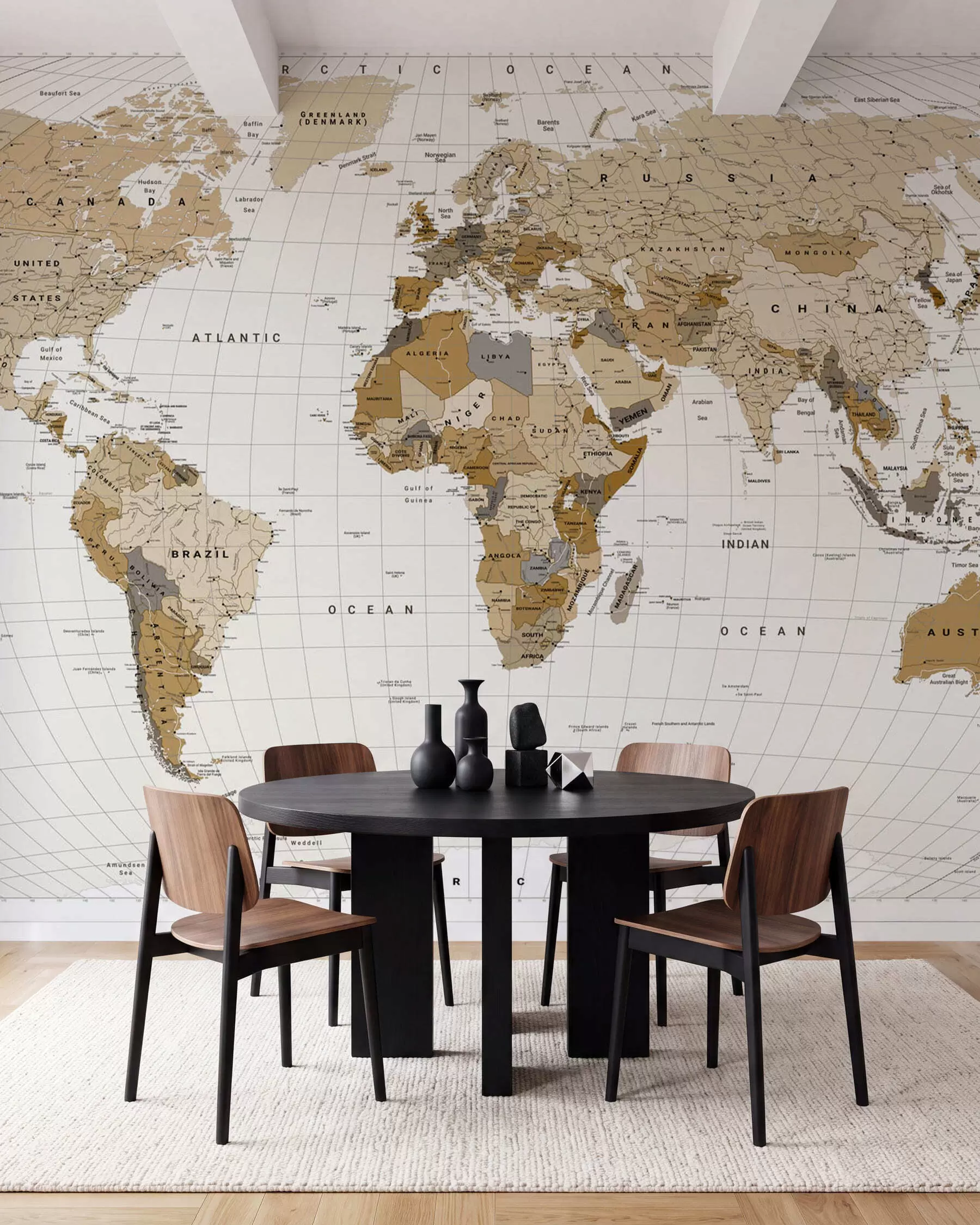 wall murals A brown political map of the world with flags in English c00016en