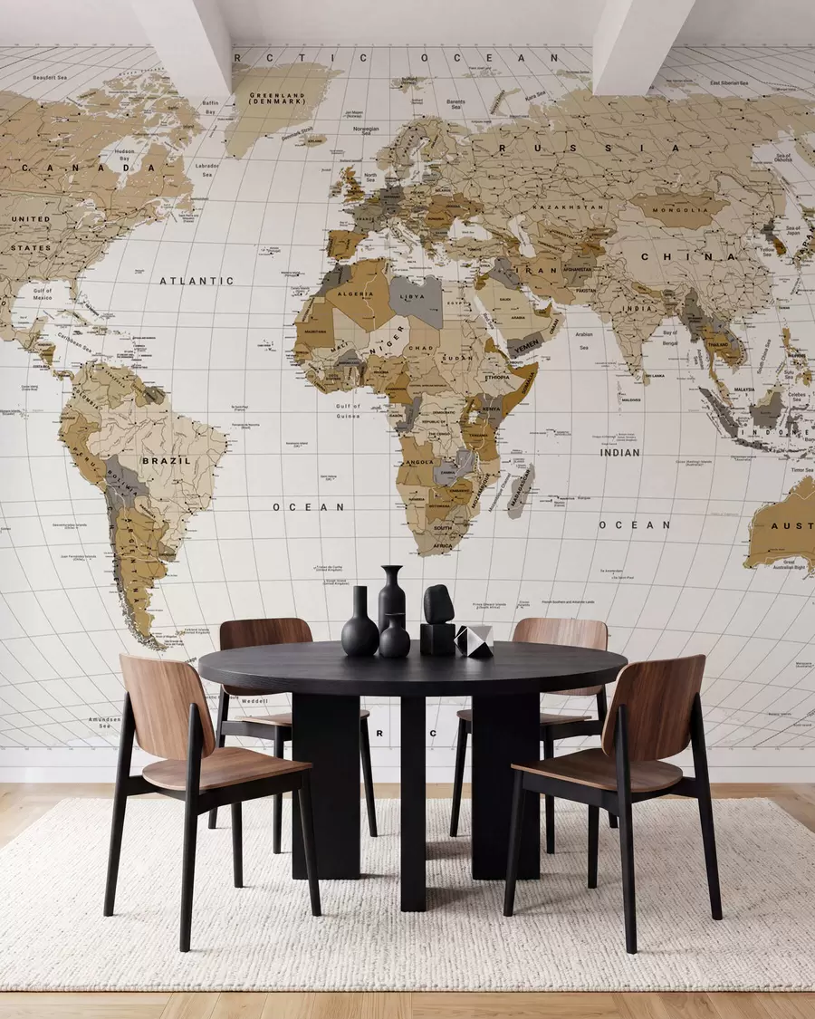 Wall Mural Photo Wallpaper A brown political map of the world with flags in English c00016en