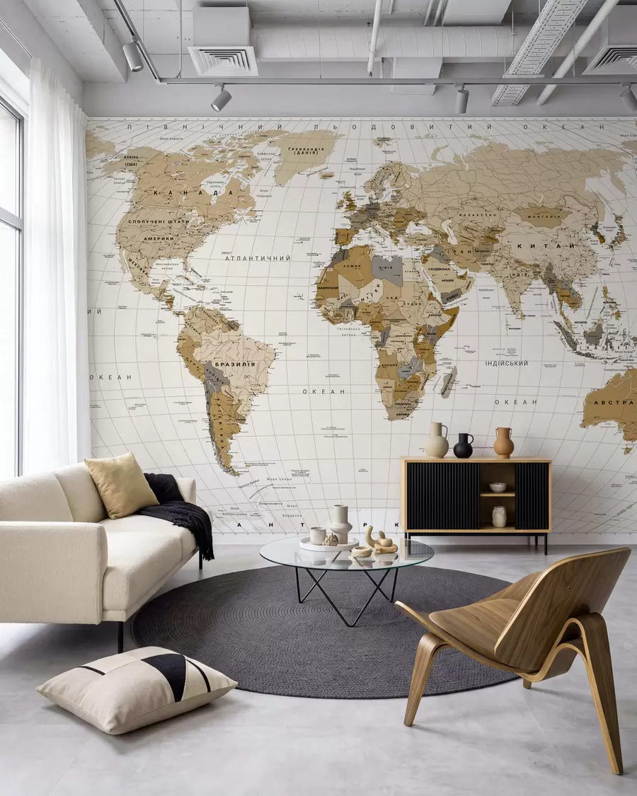 wall murals Ochre World Map in Ukrainian c00016uk