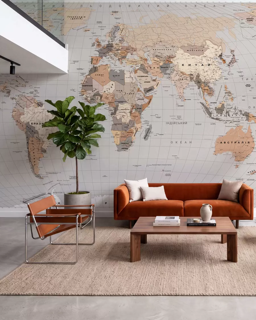 murales Un mapa político del mundo en tonos beige con banderas de Ucrania c00016ukv1
