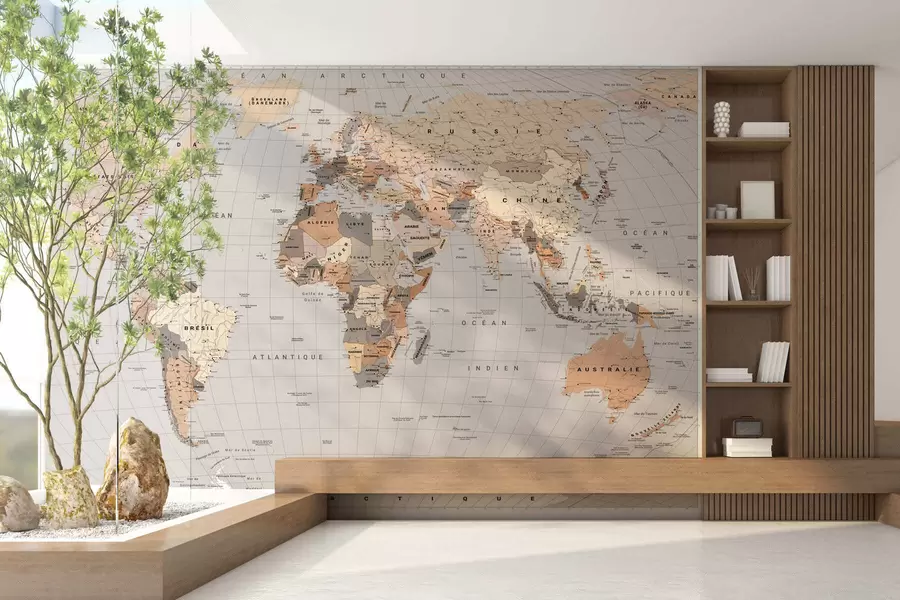 wall murals A beige political map of the world with flags in French c00016frv1