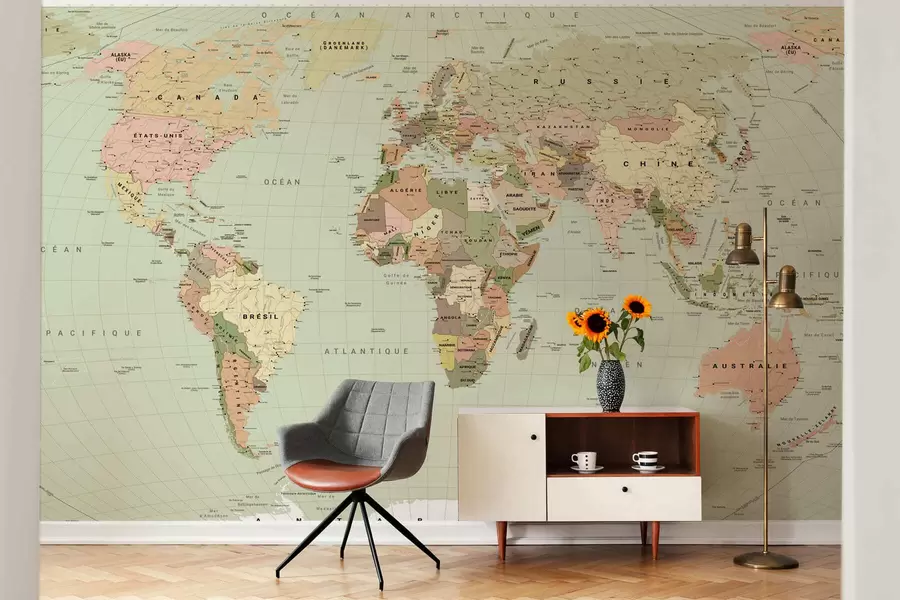 wall murals Olive-colored political map of the world with flags, in French c00016frv3