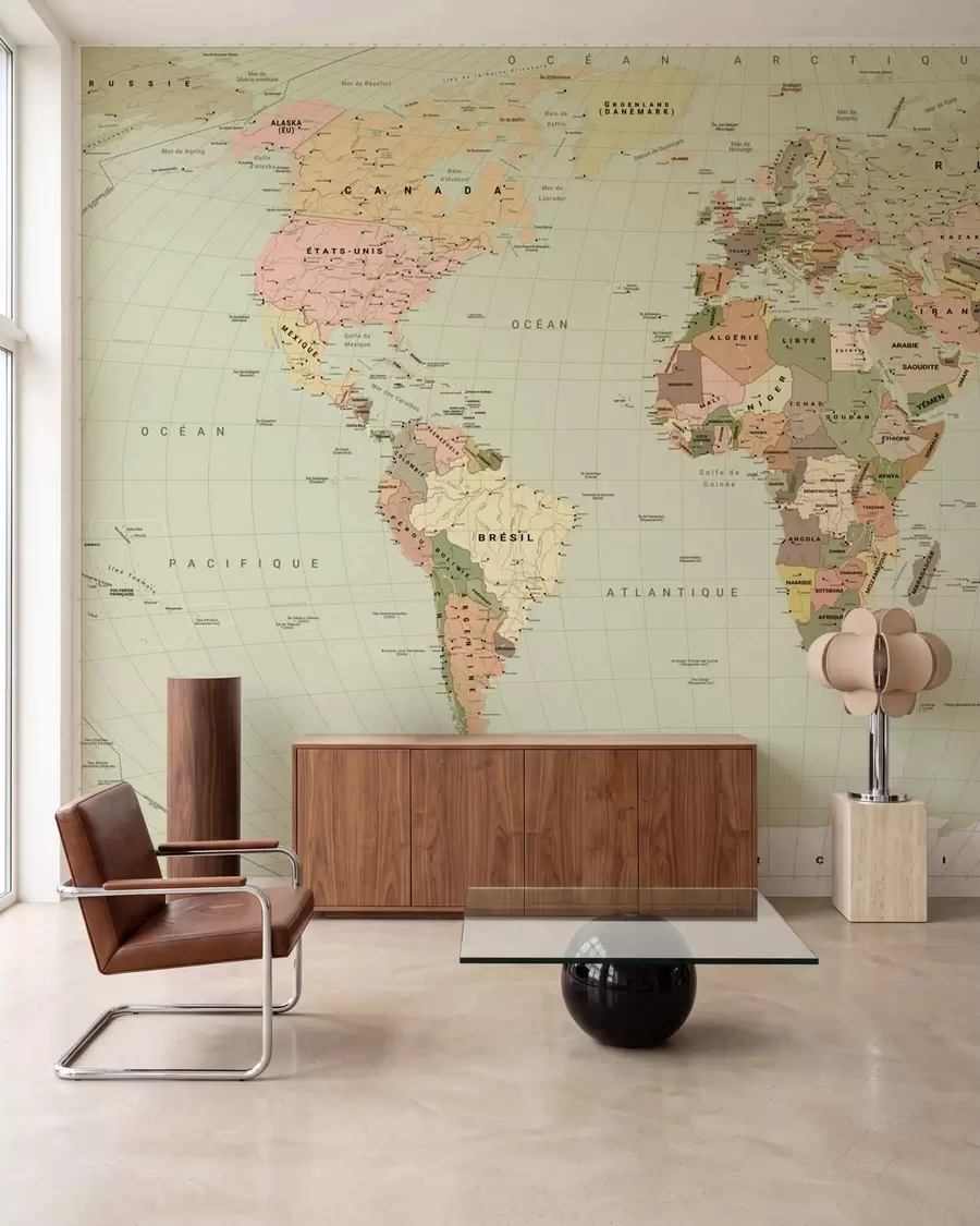 wall murals Olive-colored political map of the world with flags, in French c00016frv3