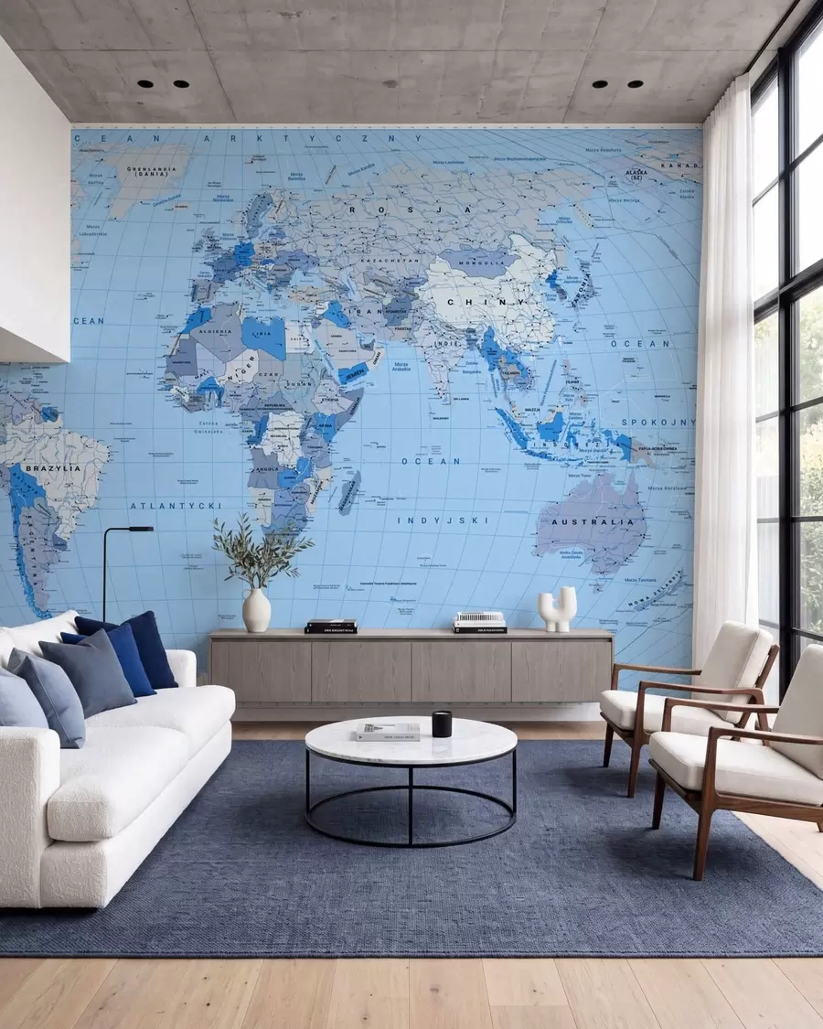wall murals Blue political map of the world with flags, in Polish c00016plv2