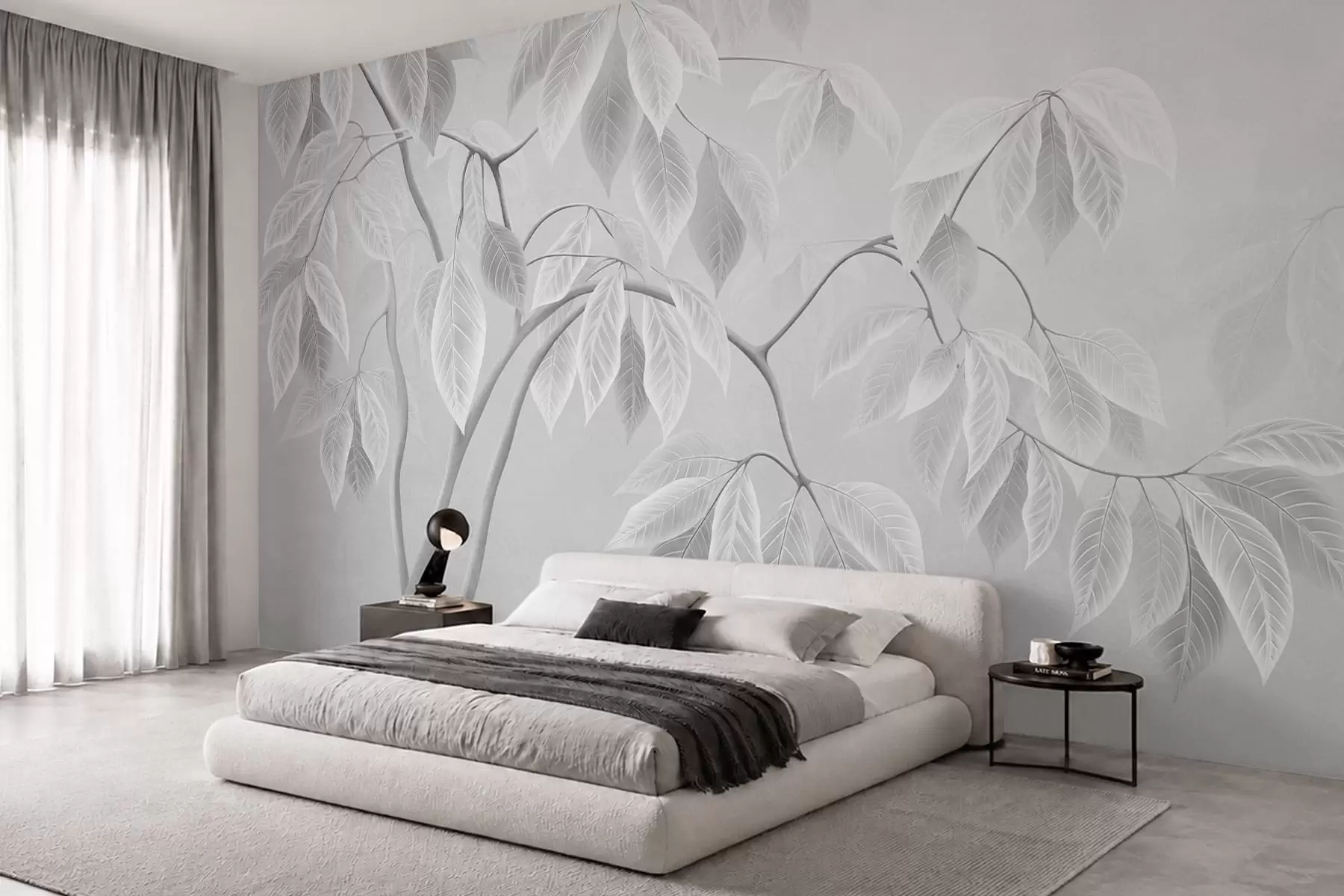 wall murals Pale branches with large leaves on a soft background w05806
