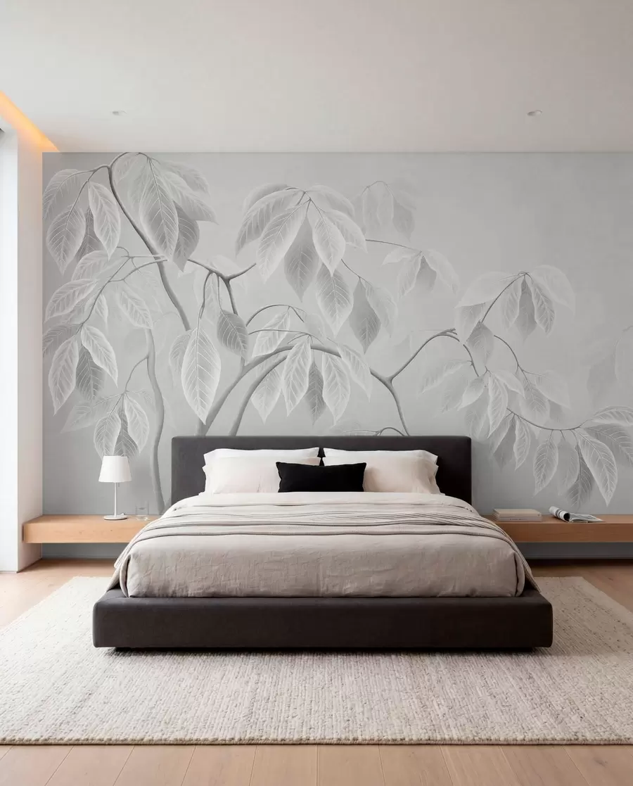 Wall Mural Photo Wallpaper Pale branches with large leaves on a soft background w05806