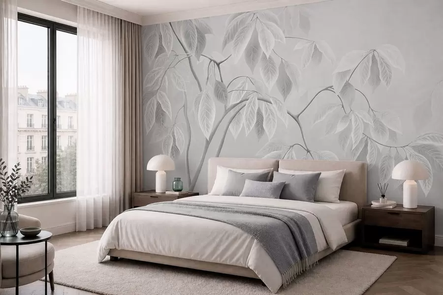 Wall Mural Photo Wallpaper Pale branches with large leaves on a soft background w05806