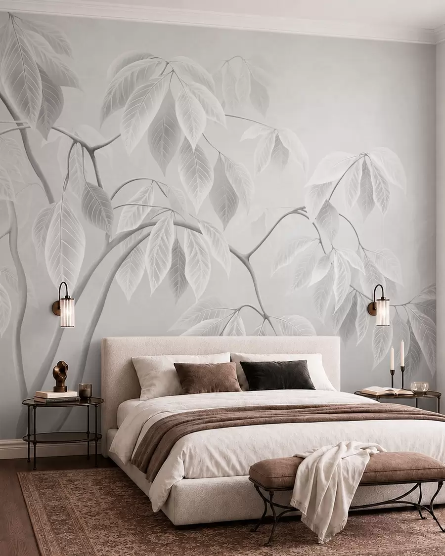Wall Mural Photo Wallpaper Pale branches with large leaves on a soft background w05806