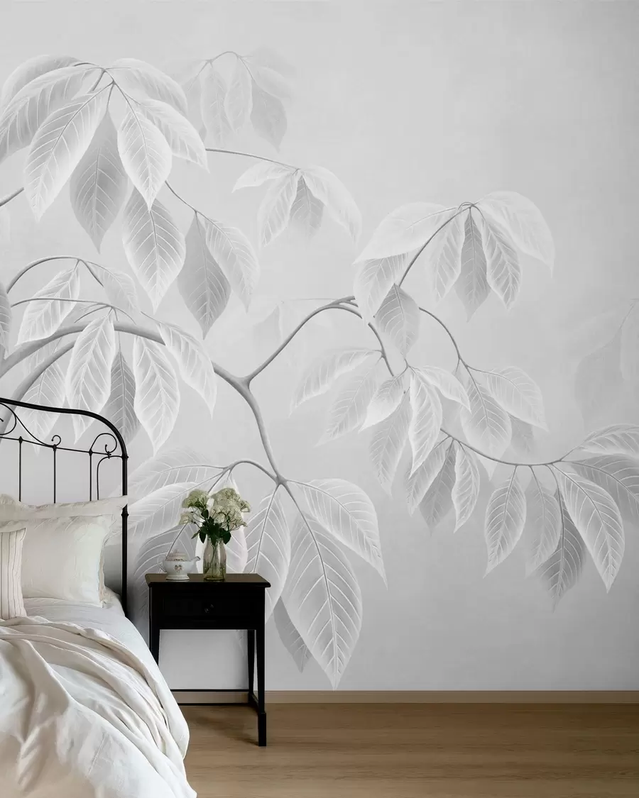 peintures murales Des branches claires aux grandes feuilles sur un fond clair w05806