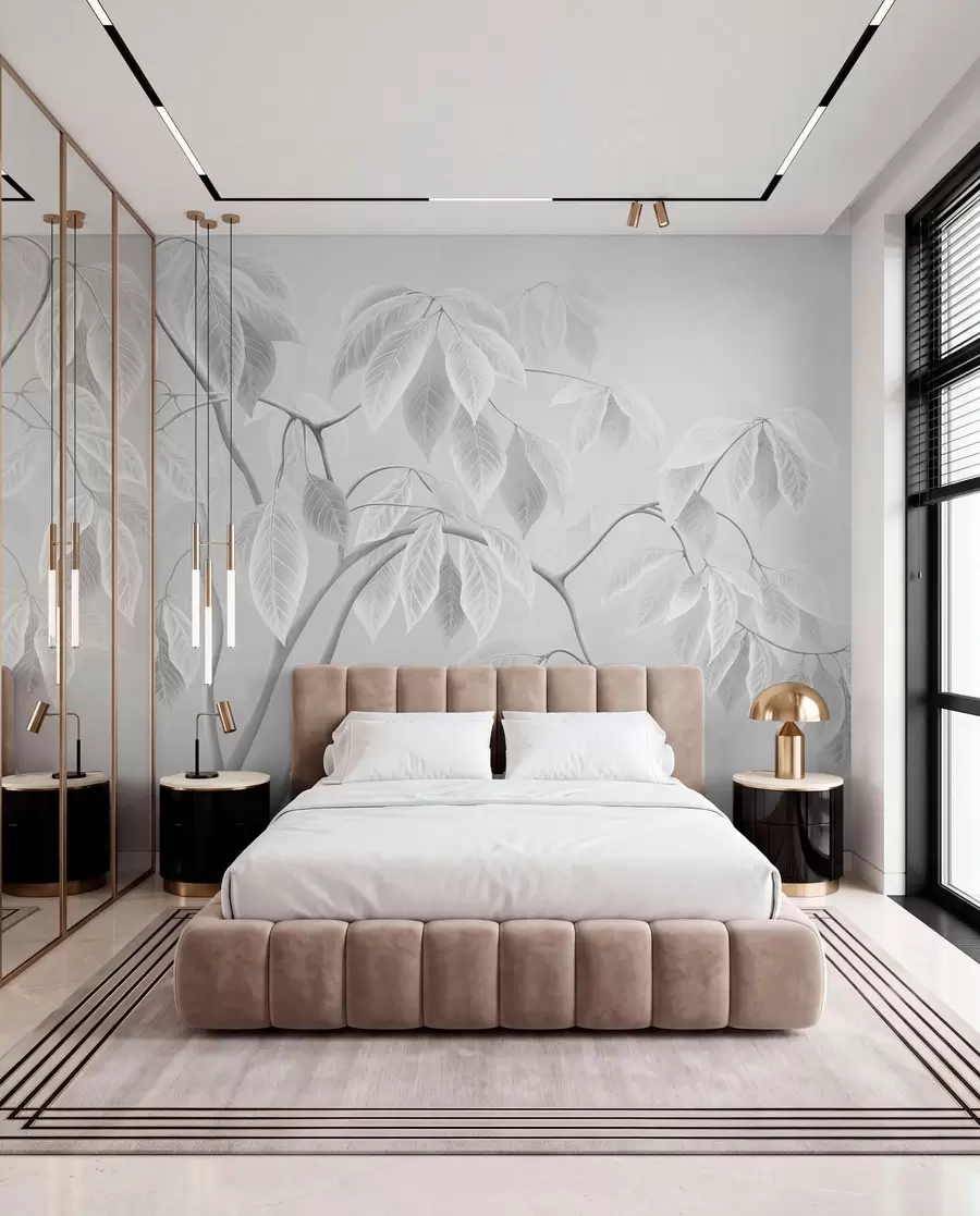 wall murals Pale branches with large leaves on a soft background w05806