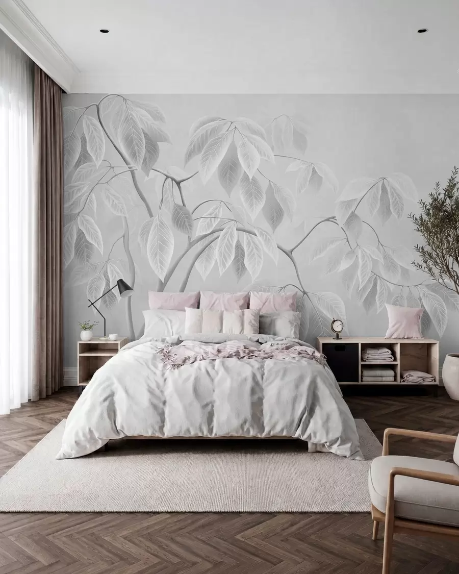 Wall Mural Photo Wallpaper Pale branches with large leaves on a soft background w05806