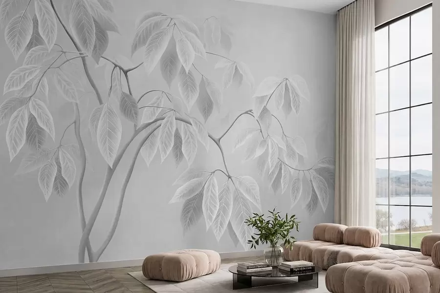 wall murals Pale branches with large leaves on a soft background w05806