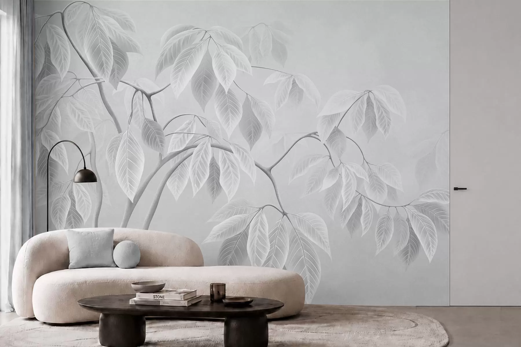Wall Mural Photo Wallpaper Pale branches with large leaves on a soft background w05806