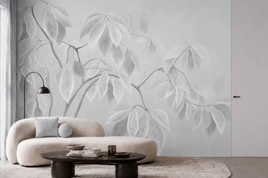 wall murals Pale branches with large leaves on a soft background w05806