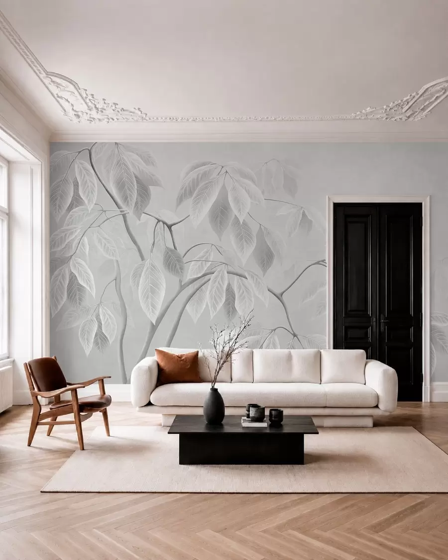 Wall Mural Photo Wallpaper Pale branches with large leaves on a soft background w05806