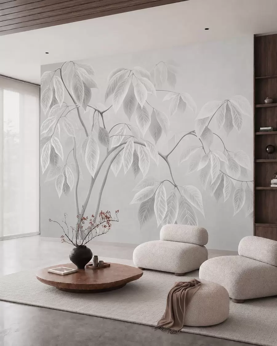 wall murals Pale branches with large leaves on a soft background w05806