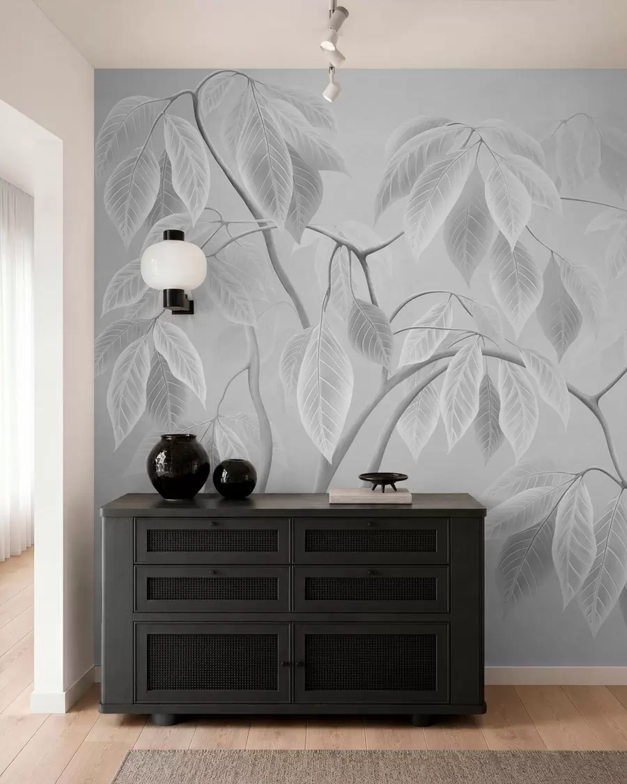 wall murals Pale branches with large leaves on a soft background w05806