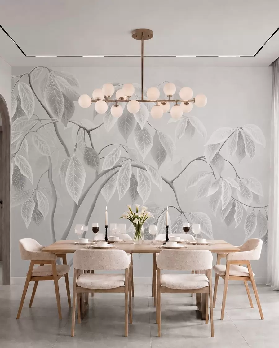 Wall Mural Photo Wallpaper Pale branches with large leaves on a soft background w05806