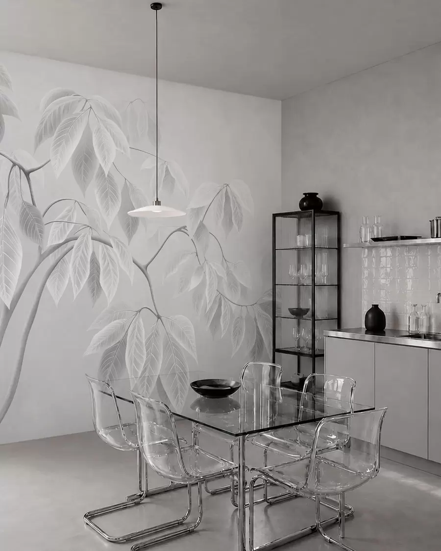 Wall Mural Photo Wallpaper Pale branches with large leaves on a soft background w05806