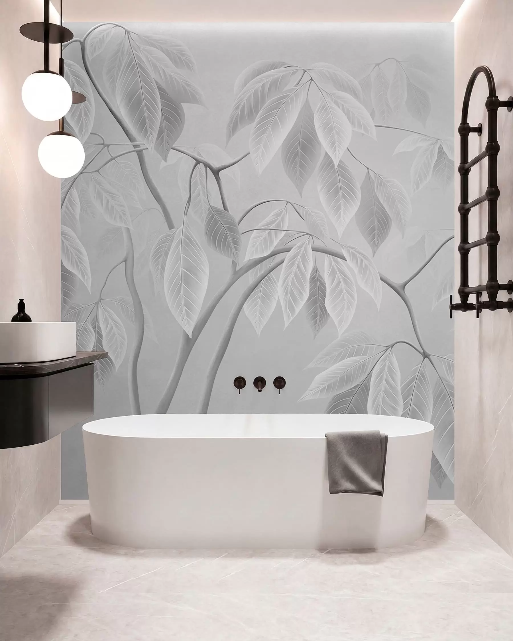 wall murals Pale branches with large leaves on a soft background w05806