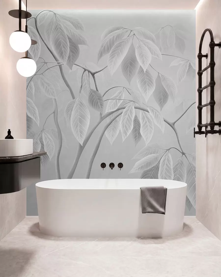 peintures murales Des branches claires aux grandes feuilles sur un fond clair w05806