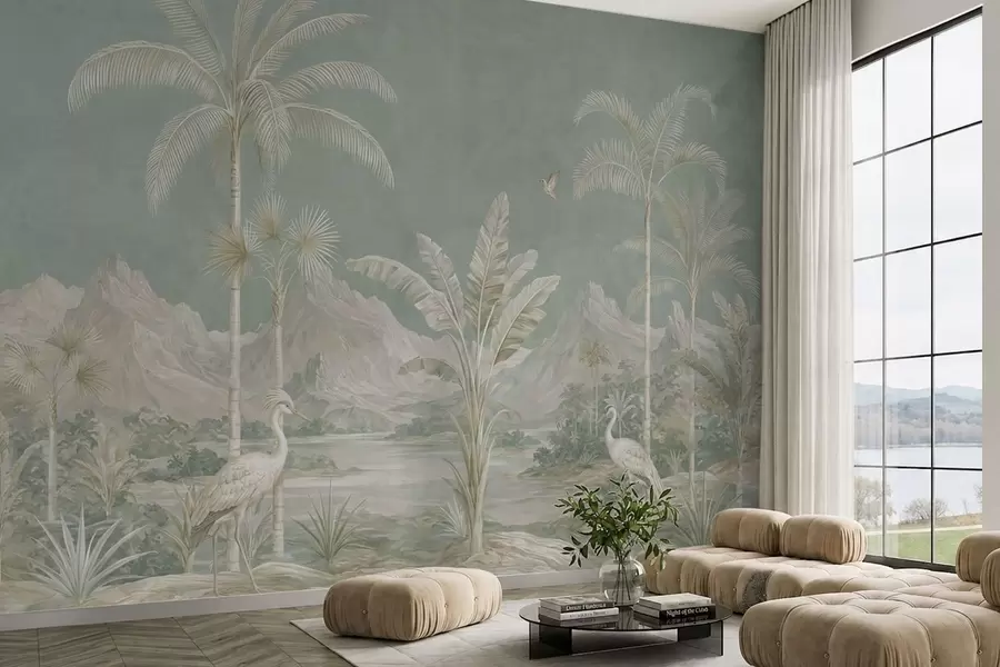 wall murals Tropical landscape in soft green tones w05819