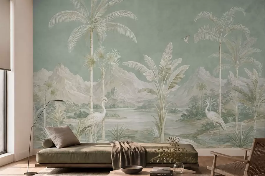 murales Paisaje tropical en suaves tonos verdes w05819