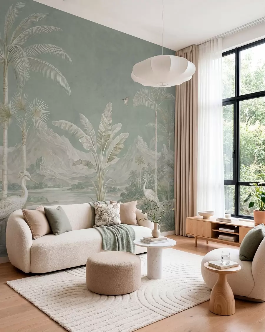 wall murals Tropical landscape in soft green tones w05819