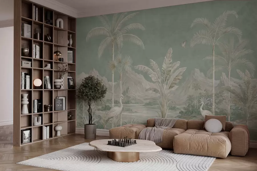 murales Paisaje tropical en suaves tonos verdes w05819