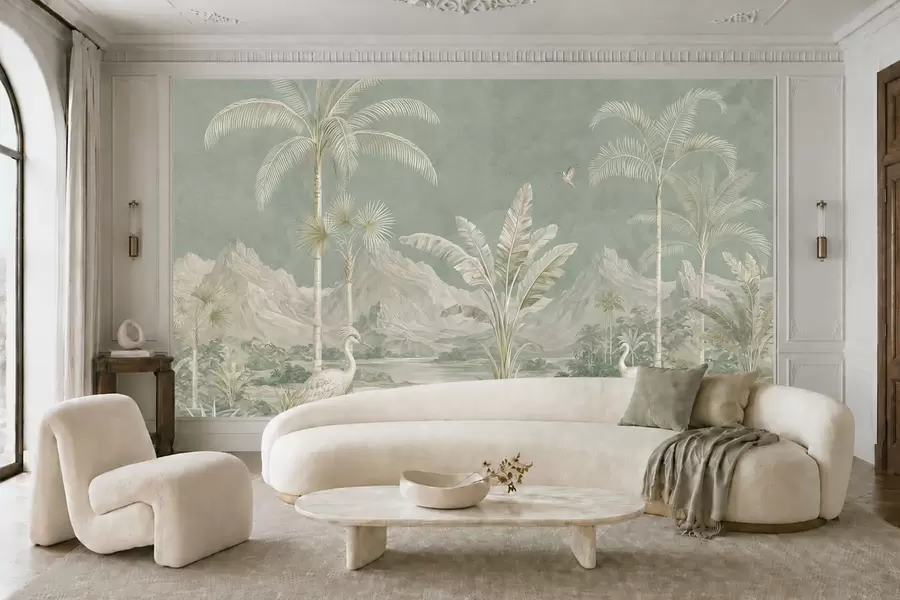 peintures murales Paysage tropical aux douces nuances de vert w05819