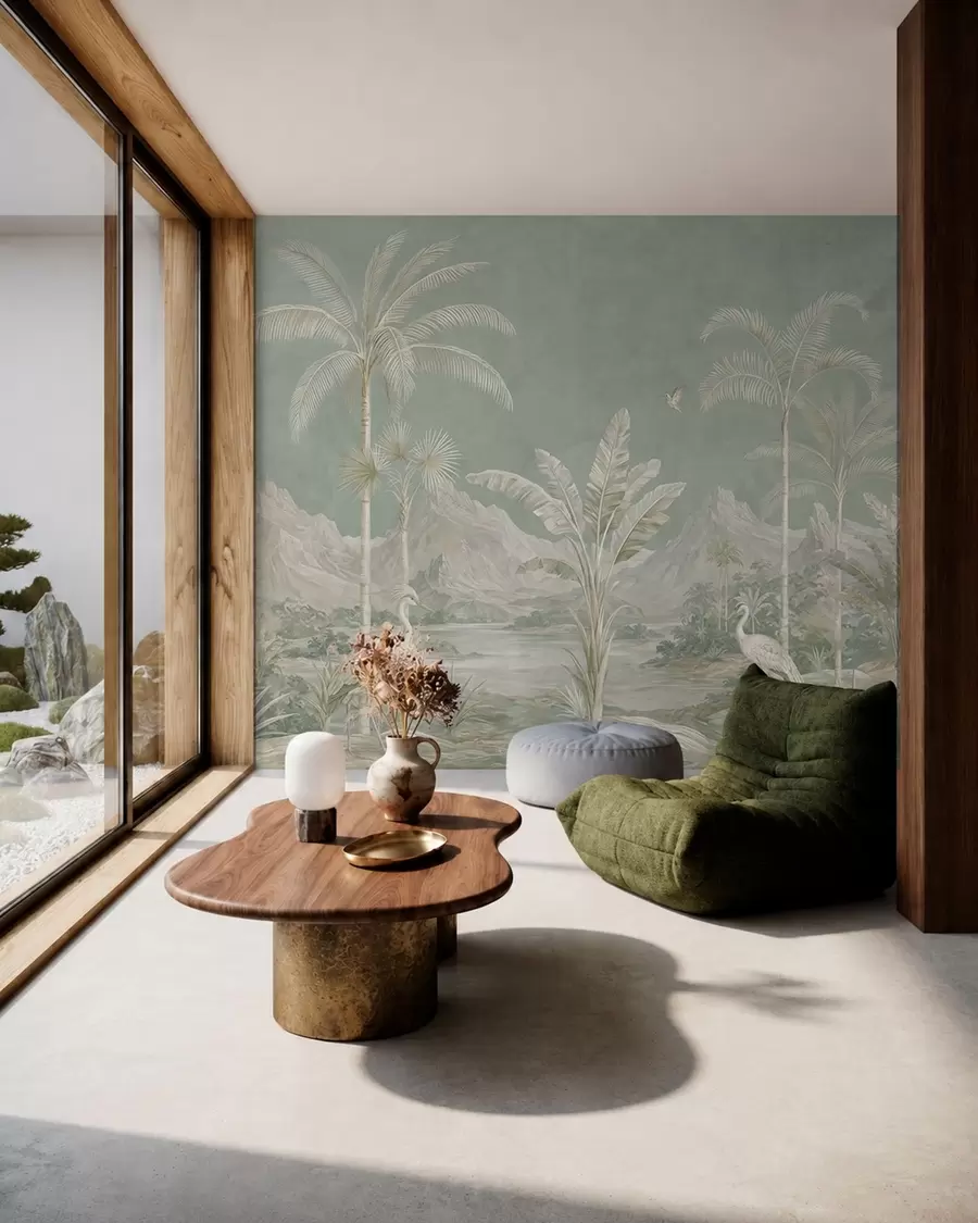 wall murals Tropical landscape in soft green tones w05819