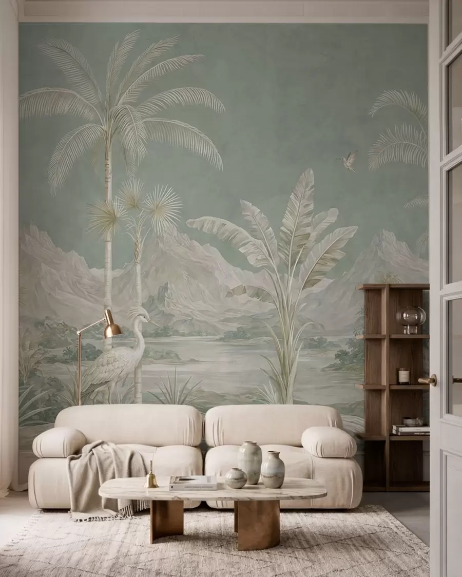 peintures murales Paysage tropical aux douces nuances de vert w05819