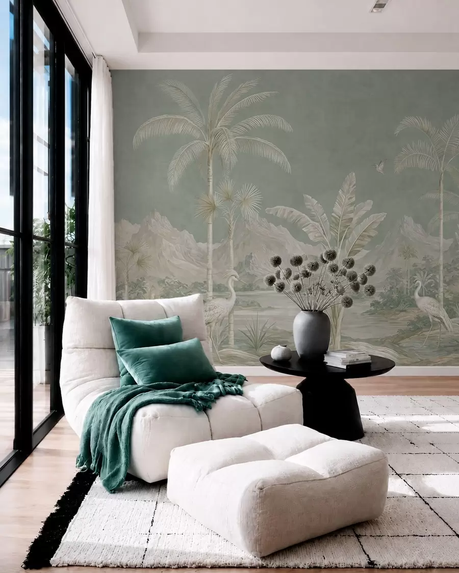 murales Paisaje tropical en suaves tonos verdes w05819
