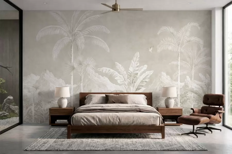 wall murals Light tropical landscape with palms, birds and mountains w05819v1