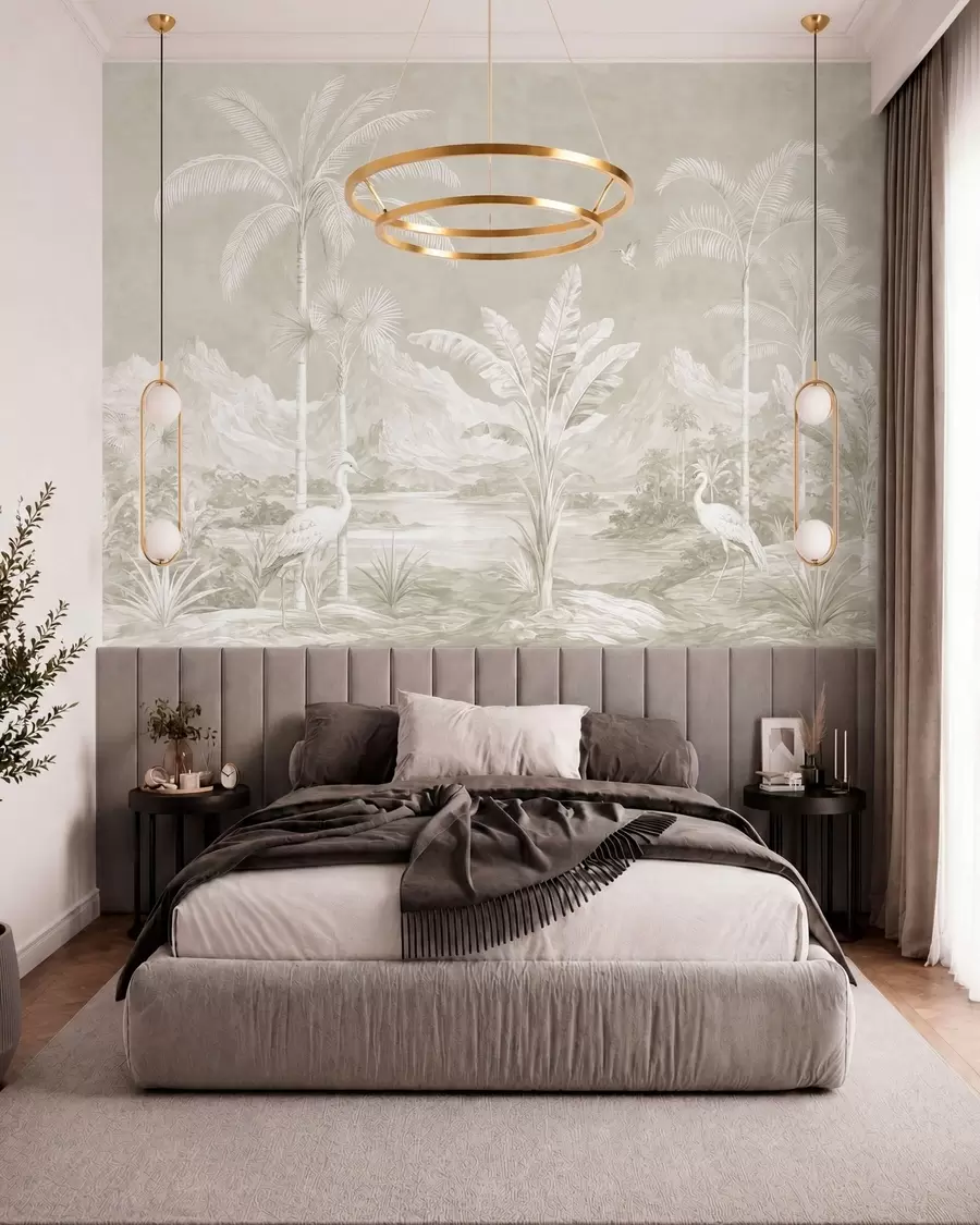 Wall Mural Photo Wallpaper Light tropical landscape with palms, birds and mountains w05819v1