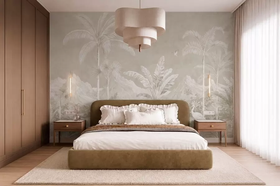 peintures murales Paysage tropical lumineux avec des palmiers, des oiseaux et des montagnes w05819v1