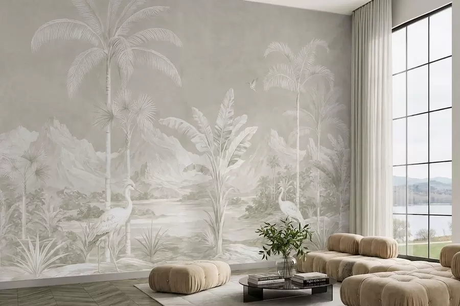 wall murals Light tropical landscape with palms, birds and mountains w05819v1