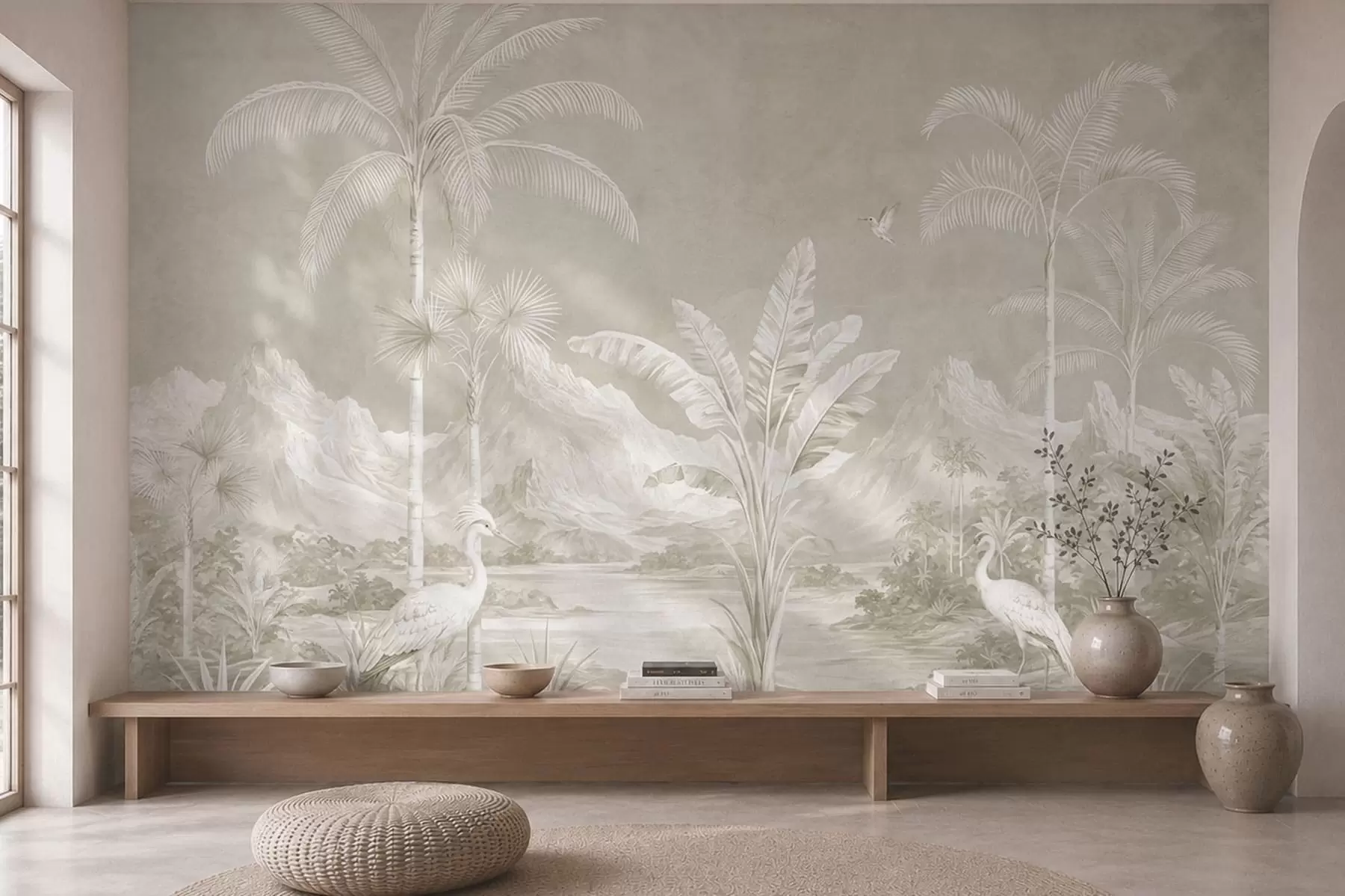 peintures murales Paysage tropical lumineux avec des palmiers, des oiseaux et des montagnes w05819v1