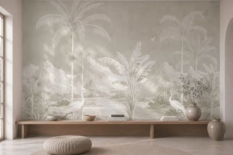 peintures murales Paysage tropical lumineux avec des palmiers, des oiseaux et des montagnes w05819v1